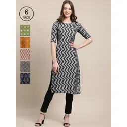 7threads KALINI Women Pack of 6 Green & Yellow Ethnic Motifs Printed Crepe Kurta-picture-38