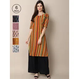 7threads KALINI Women Pack Of 6 Multicoloured Ethnic Motifs Printed Crepe Kurta-picture-37
