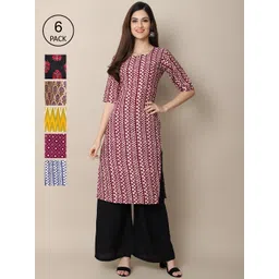 7threads KALINI Women Pack of 6 Pink & Black Geometric Printed Crepe Kurta-picture-21