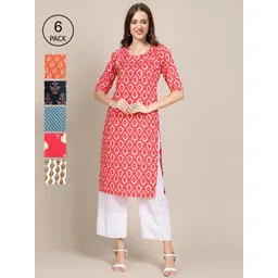 7threads KALINI Women Pack of 6 Pink & Blue Ethnic Motifs Printed Crepe Kurta-picture-24