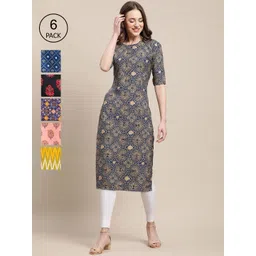 7threads KALINI Women Pack Of 6 Printed Crepe Straight Kurta-picture-31