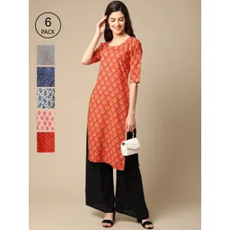 7threads KALINI Women Set Of 6 Geometric Printed Round Neck Summer Sheers Crepe Kurta-picture-11