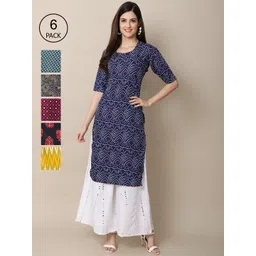 7threads KALINI Women Set Of 6 Navy Blue & Yellow Floral Printed Crepe Kurta-picture-26