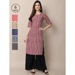 7threads KALINI Women Set Of 6 Pink & Blue Floral Printed Crepe Kurta-picture-21