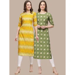 7threads KALINI Women Yellow & Green Set Of 2 Ethnic Motifs Printed Crepe Kurta-picture-14