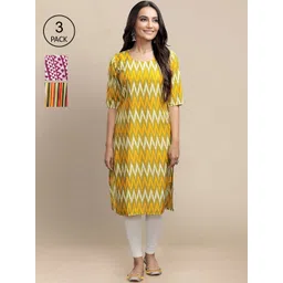 7threads KALINI Women Yellow & Mustard Yellow Pack Of 3 Geometric Printed Block Print Crepe Kurta-picture-21