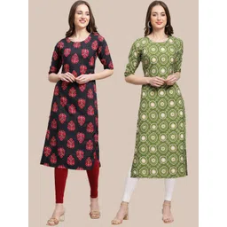 7threads KALINI Women's Crepe Black & Green Color Ethnic Motifs Printed Straight Kurta (PACK OF 2)-picture-32