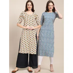 7threads KALINI Women's Crepe Off White & Blue Color Floral Printed Straight Kurta PACK OF 2-picture-17