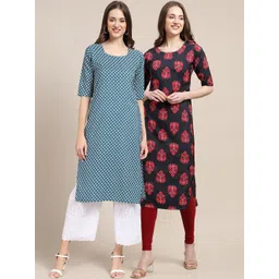 7threads KALINI Women's Crepe Teal & Black Color Ethnic Motif Printed Straight Kurta PACK OF 2-picture-29