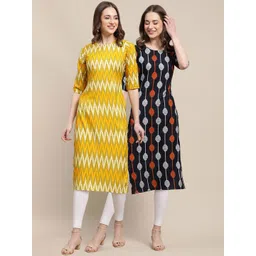 7threads KALINI Women's Crepe Yellow & Black Color Geometric Printed Straight Kurta (PACK OF 2)-picture-36