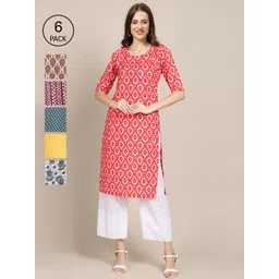KALINI Women Pack of 6 Ethnic Motifs Printed Crepe Kurta-image-32