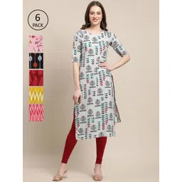 KALINI Women Pack of 6 Ethnic Motifs Printed Crepe Kurta-image-40