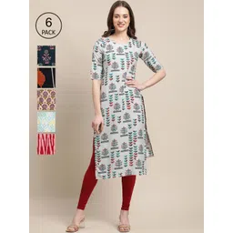 KALINI Women Pack of 6 Ethnic Motifs Printed Summer Sheers Crepe Kurta-image-29