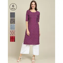 KALINI Women Pack of 6 Ethnic Motifs Printed Summer Sheers Crepe Kurtas-image-45