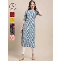 KALINI Women Pack of 6 Geometric Checked Summer Sheers Crepe Kurta-image-13