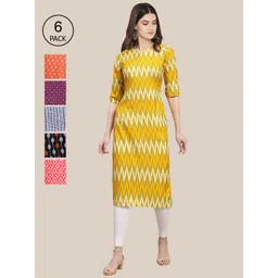 KALINI Women Pack Of 6 Multicoloured Ethnic Motifs Printed Summer Sheers Crepe Kurta-image-44