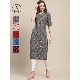 KALINI Women Pack Of 6 Multicoloured Floral Printed Summer Sheers Crepe Kurta-image-18