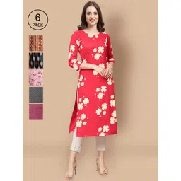 KALINI Women Pack Of 6 Multicoloured Printed Block Print Crepe Kurta-image-1