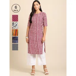 KALINI Women Pack of 6 Printed Crepe Kurtas-image-2