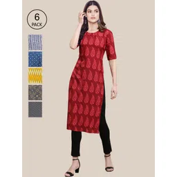 KALINI Women Pack of 6 Red & Yellow Ethnic Motifs Printed Crepe Kurta-image-47