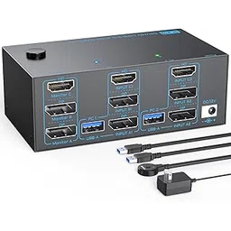 8K KVM Switch 3 Monitors 2 Computers Triple Monitor 2 Displayport 1.4 and HDMI 2.1 USB 3.0 KVM Switches, DP 1.4 Supports 8K@30Hz/4K@144Hz, HDMI Supports Max 8K@60Hz /4K@120Hz with Wired Remote Control-image-22