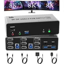 8K@60Hz KVM Switch 3 Monitors 2 Computers 4K@144Hz, DP 1.4 Displayport KVM Switch Triple Monitor for 2 Computer Share 3 Monitor, Audio Mic Port and 3 USB3.0 Devices Support Extended and Copy Mode-image-48