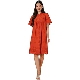 9 impression Women Embroidered Gathered Cotton Schiffli A-Line Dress-picture-41