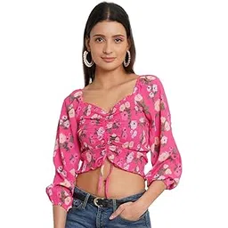 9 impression Women Teal Drawstring Front Ditsy Smocked Crop Top-picture-11