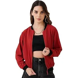 9 impression Women's Bomber Jacket, Maroon with Black Contrast, Poly Crepe, Ribbed Neck and Cuffs, Side Pockets, Oversized Style Jackets-picture-34