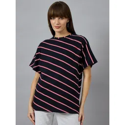 98 Degree North Striped Round Neck Drop-Shoulder Sleeves Cotton T-shirt-picture-21