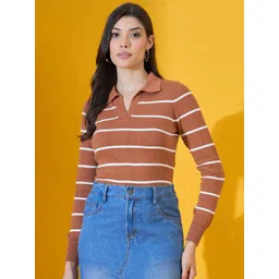 98 Degree North Striped Shirt Collar Cotton Pullover Sweater-picture-23