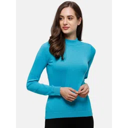 98 Degree North Women Blue Solid Pure Cotton Pullover Sweater-picture-33