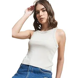 98 north 98 Degree North Women Solid Pure Cotton Ribbed Round Neck Crop Top Has A Sleeveless -RGT1635-BEIGE-picture-55