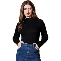 98 north 98 Degree Women Pure Cotton High Neck Sweater Has A Full Sleeve & Straight Hem-AW25AZG1136-BLACK-picture-50