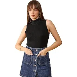 98 north 98 Degree Women Pure Cotton Turtle Neck Sweater Has A Sleeveless & Straight Hem-AW25AZG1124-BLACK-picture-21