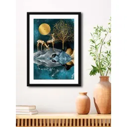 999Store Blue & Brown MDF Deer with Tree Printed Paper Wall Painting - Set of 1-picture-112