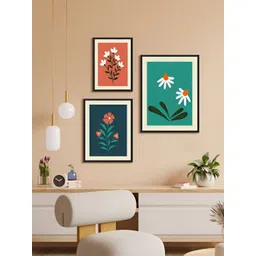 999Store Green & Orange 3 Piece Paper Floral and Botanical Wall Paintings-image-48