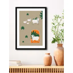 999Store Light Brown & White MDF Cow with Flower Printed Paper Wall Painting - Set of 1-picture-151