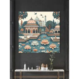 999Store Multicolor Canvas Indian Art Mughal Garden With Flying Birds Painting-picture-41