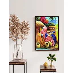 999Store Multicolor Canvas Rajasthani Village Scene Painting Vastu Wall Art-picture-17