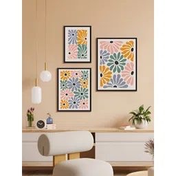 999Store Orange & Blue 3 Piece Paper Floral and Botanical Wall Paintings-image-35