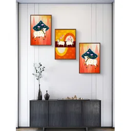 999Store Orange & White 3Pcs Birds And Animals Wall Paintings-image-22