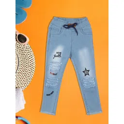 A-Okay Kids Turquoise Blue Embroidered Slim Fit Easy Wash Trousers-picture-56