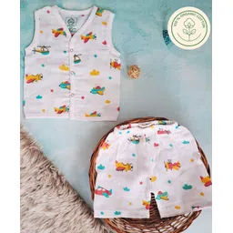 A Toddler Thing 100% Muslin Organic Cotton Sleeveless Aeroplane Printed Jabla & Coordinating Shorts Set - White-picture-26