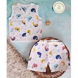 A Toddler Thing 100% Muslin Organic Cotton Sleeveless Dolphins Printed Jabla & Coordinating Shorts Set - White-picture-37