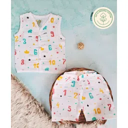 A Toddler Thing 100% Muslin Organic Cotton Sleeveless Nemericals Printed Jabla & Coordinating Shorts Set - White-picture-25