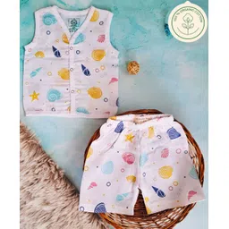 A Toddler Thing 100% Muslin Organic Cotton Sleeveless Sea Shells Printed Jabla & Coordinating Shorts Set - White-picture-24