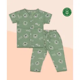 A Toddler Thing 100% Organic Muslin Cotton Woven Half Sleeves Bears Printed Coordinating Shirt & Pajama Set - Green-picture-13