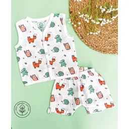 A Toddler Thing Sleeveless All Over Jungle Animals Print Jhabla With Shorts - White-picture-25