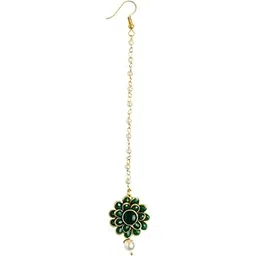 a v fashion Floral Style Attractive Maang-Tikka with Pearls for Girls & Women Gold Tone Beaded Chain, Fashion jewellery Green Colour-picture-53
